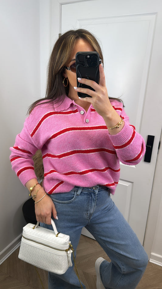JORDAN pink and red stripe polo jumper