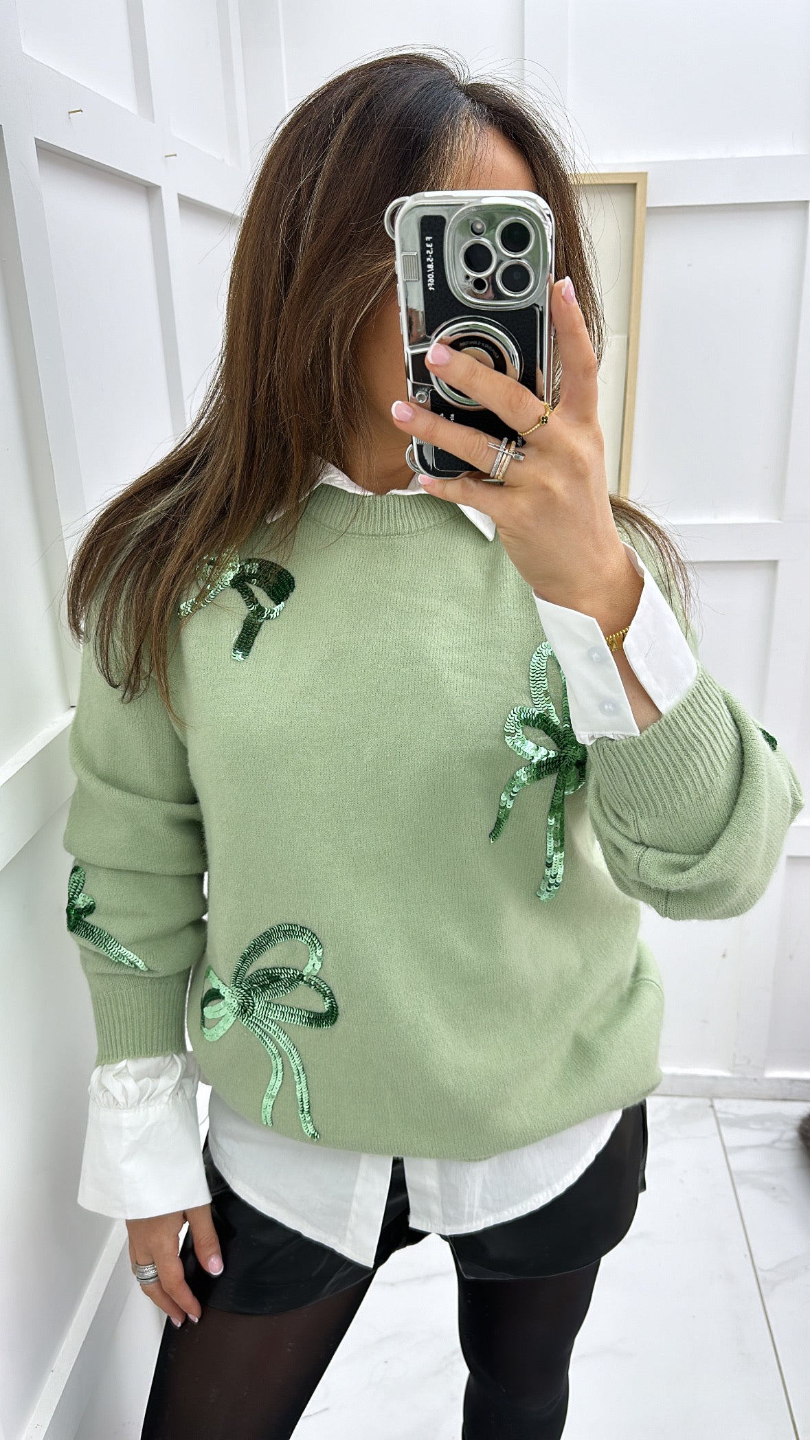 JAZMINE sage knit jumper with sequin bows