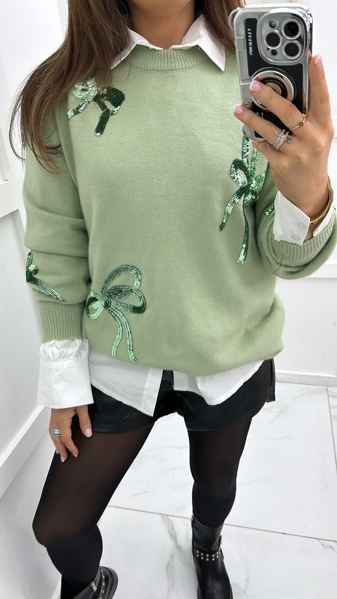 JAZMINE sage knit jumper with sequin bows