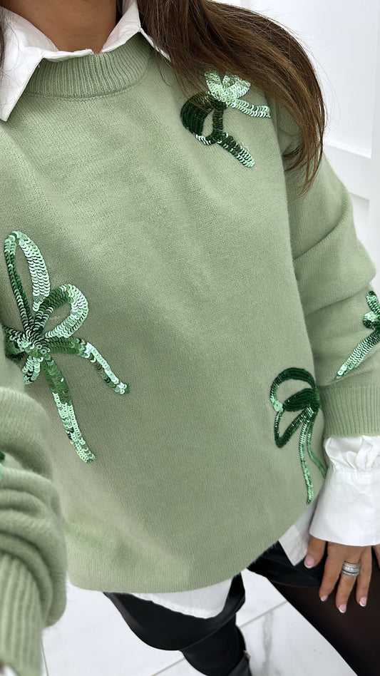 JAZMINE sage knit jumper with sequin bows