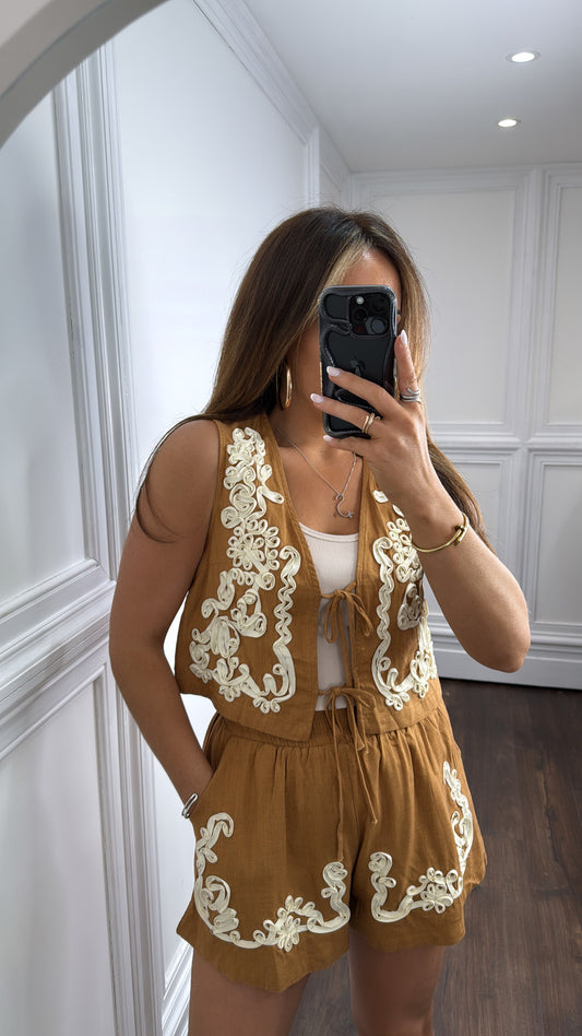 DOLCIE tan ribbon detail waist jacket and shorts co-ord