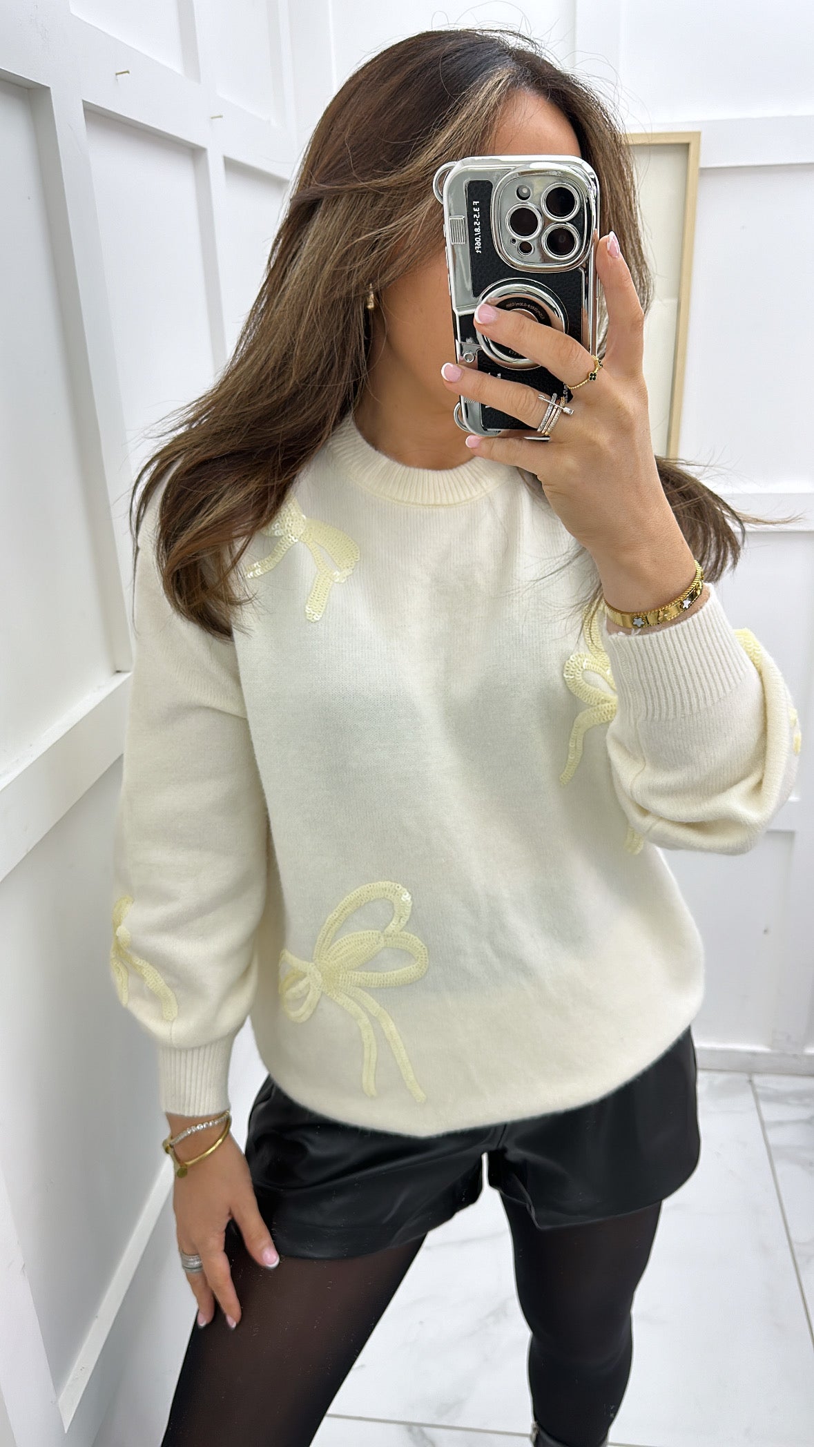 JAZMINE cream knit jumper with sequin bows