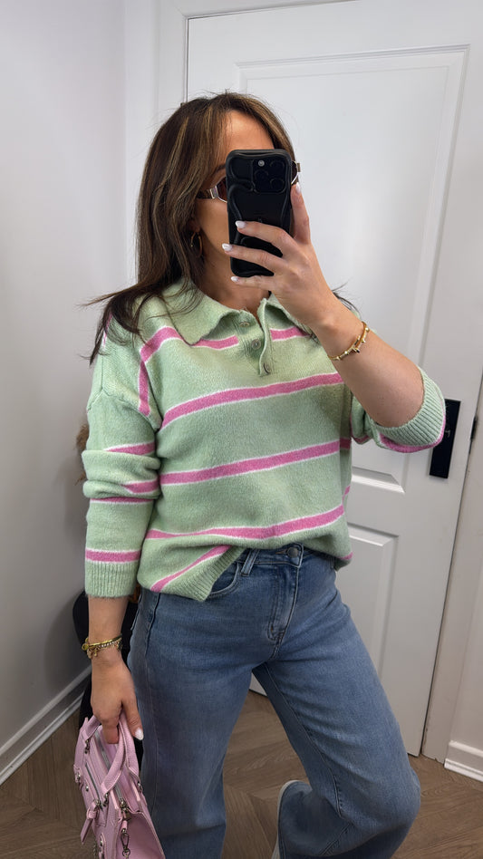 JORDAN mint and pink stripe polo jumper