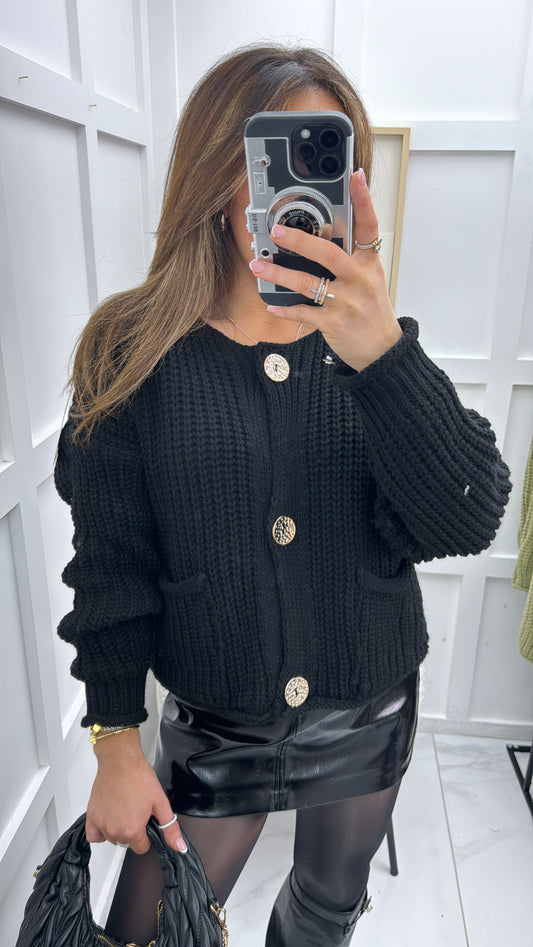 JAYLA black chunky knit cardigan with gold buttons