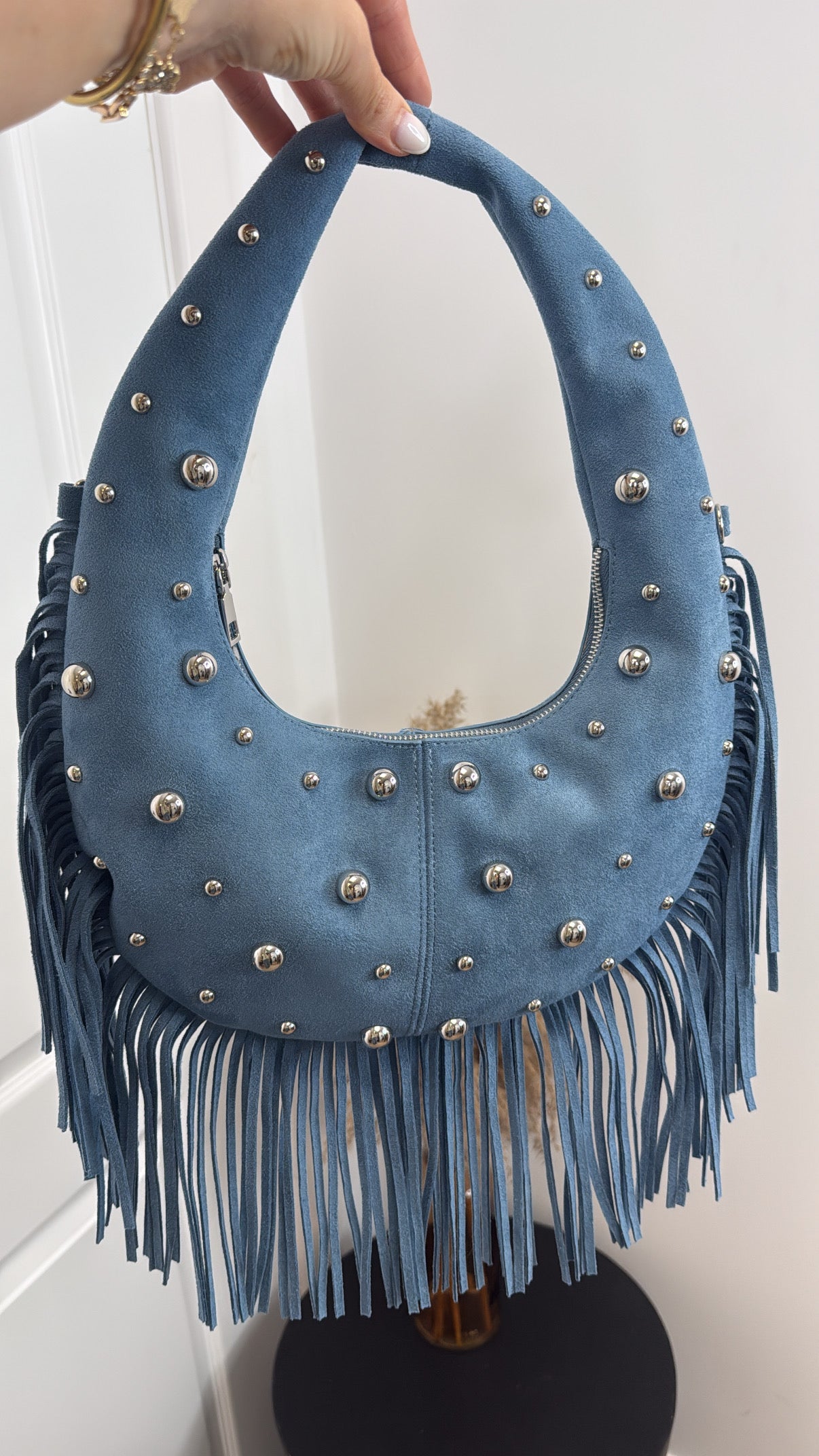 KYRA blue faux suede fringe bag with stud detail