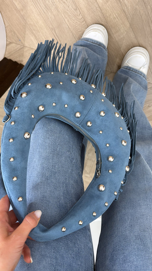 KYRA blue faux suede fringe bag with stud detail