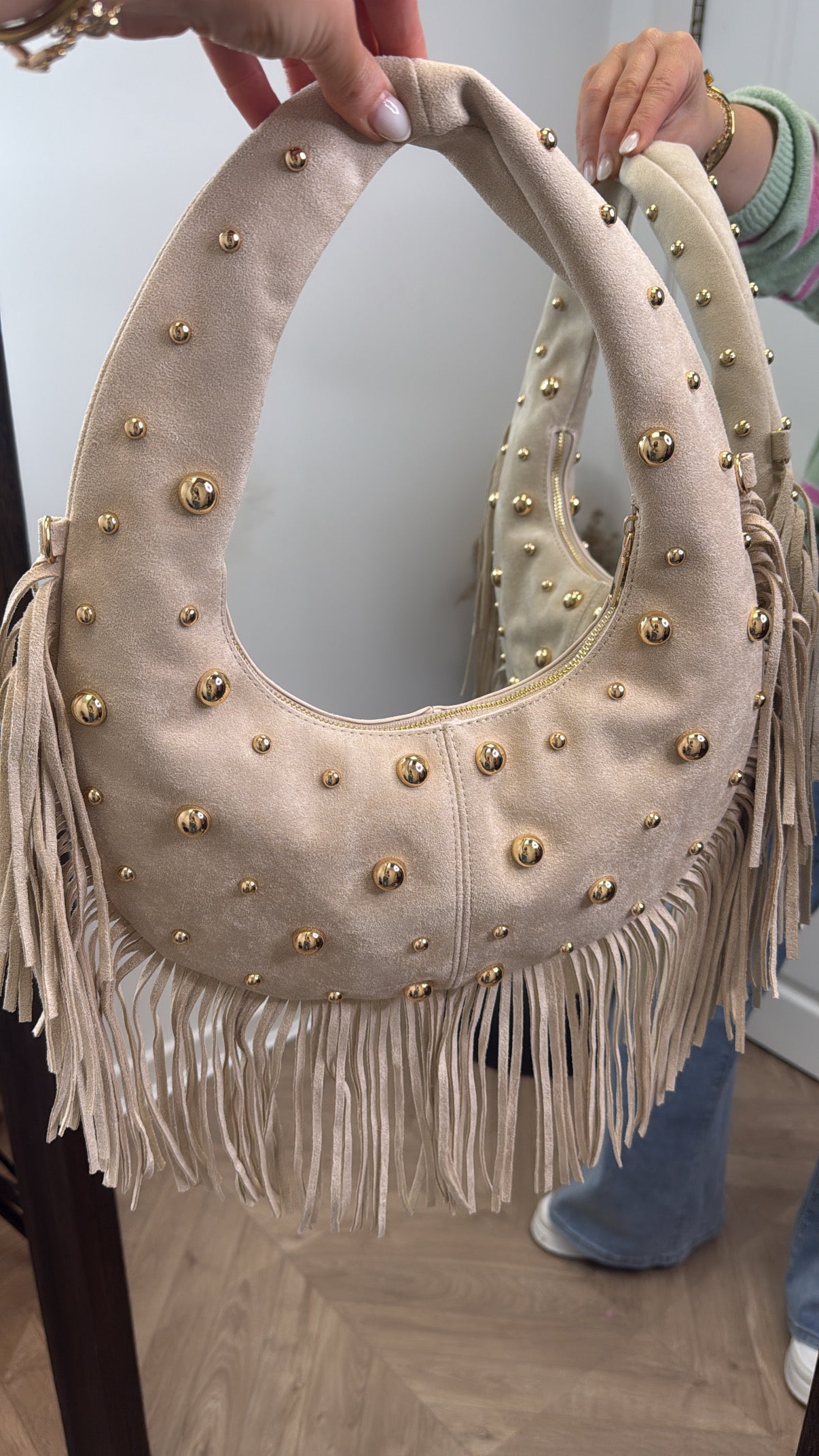 KYRA beige faux suede fringe bag with stud detail