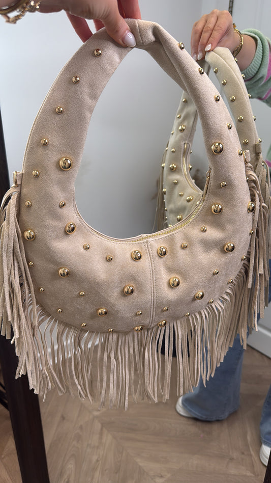 KYRA beige faux suede fringe bag with stud detail