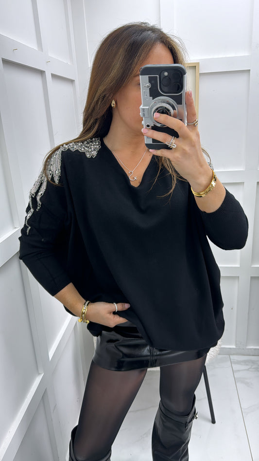 BROOKE black fine knit embellished jumper