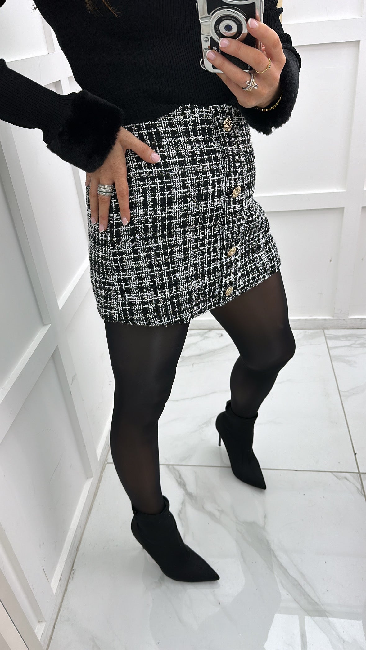 LOGAN black and white tweed skort with gold button detail