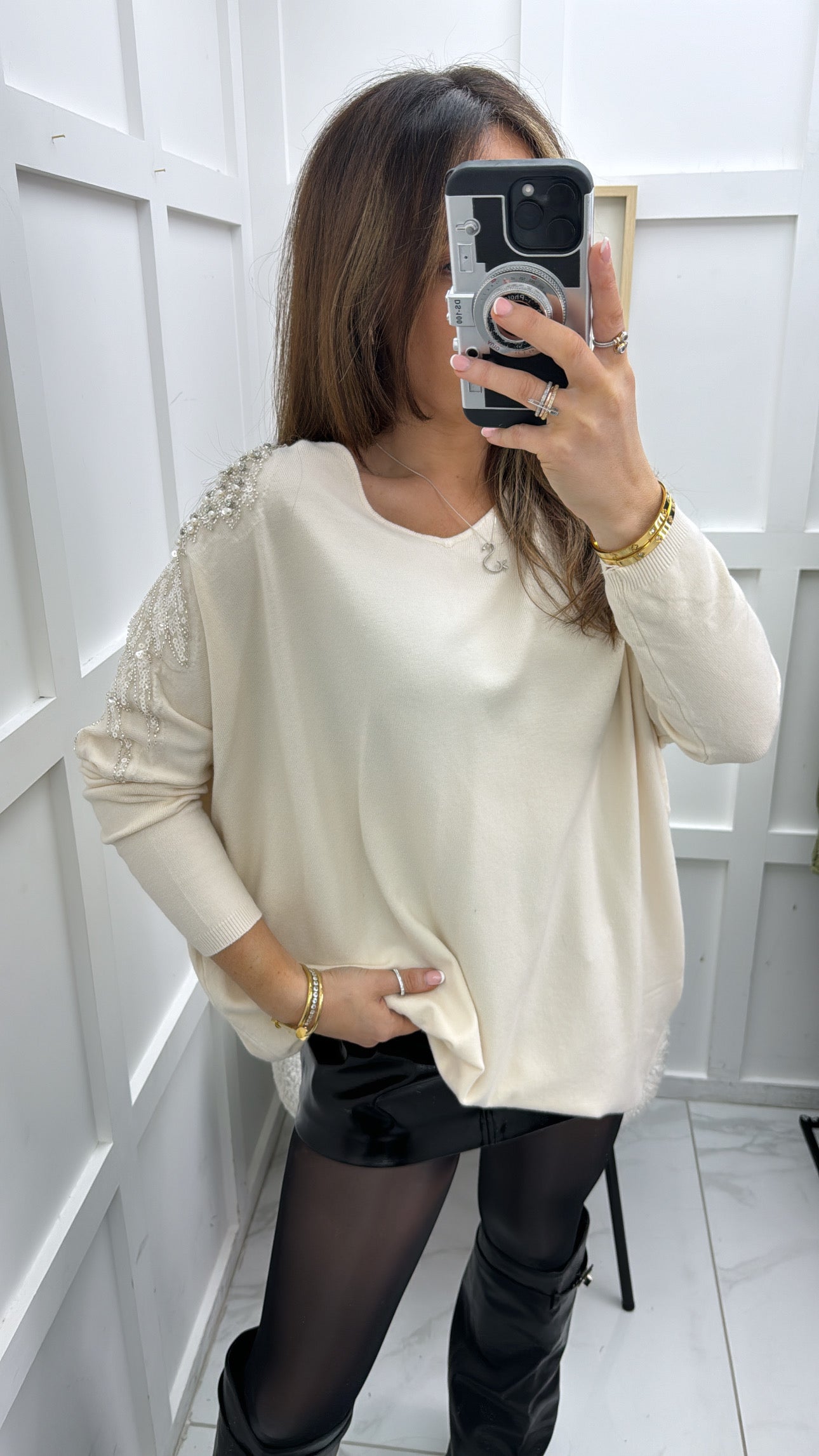 BROOKE cream fine knit embellished jumper