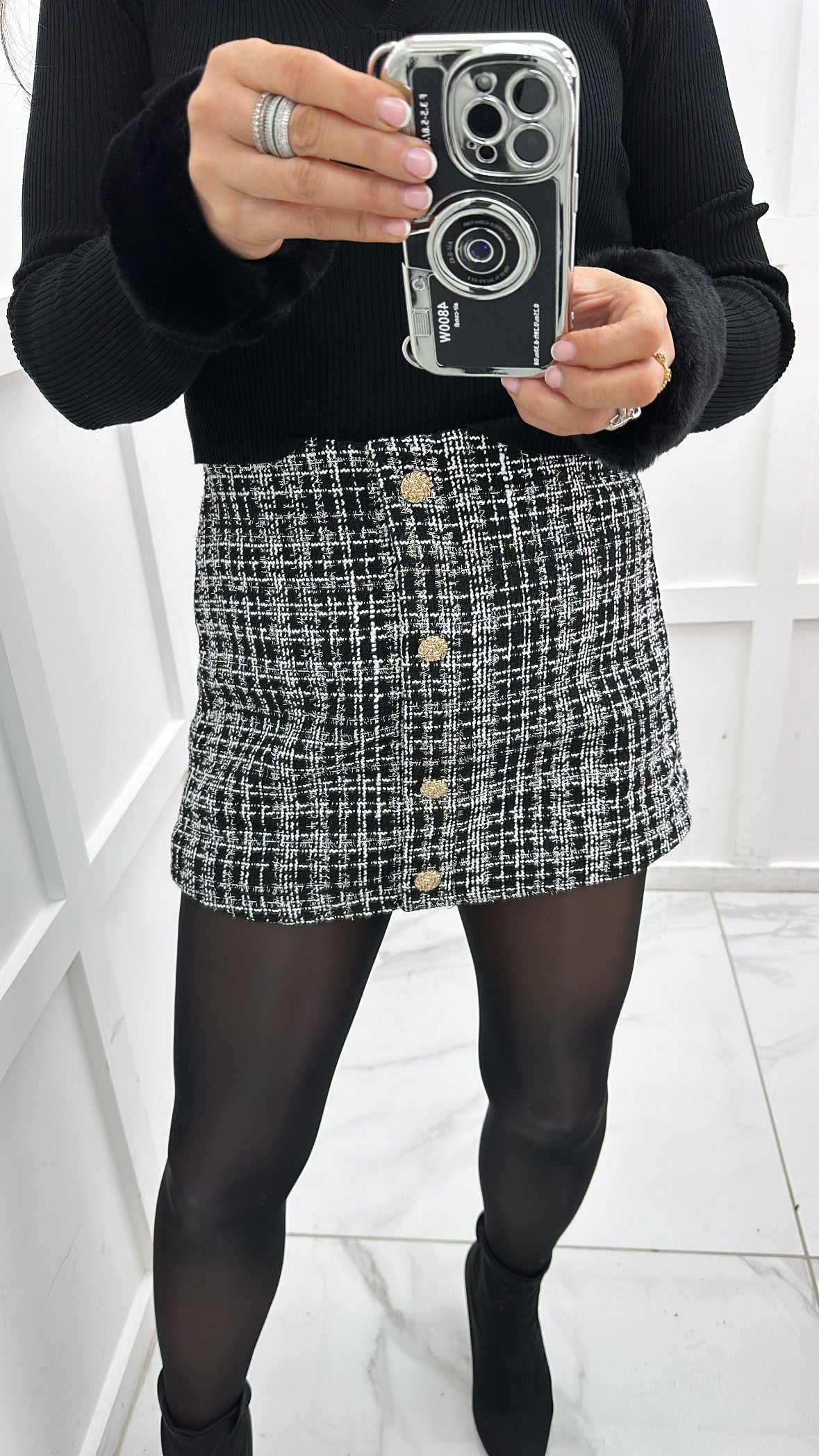 LOGAN black and white tweed skort with gold button detail