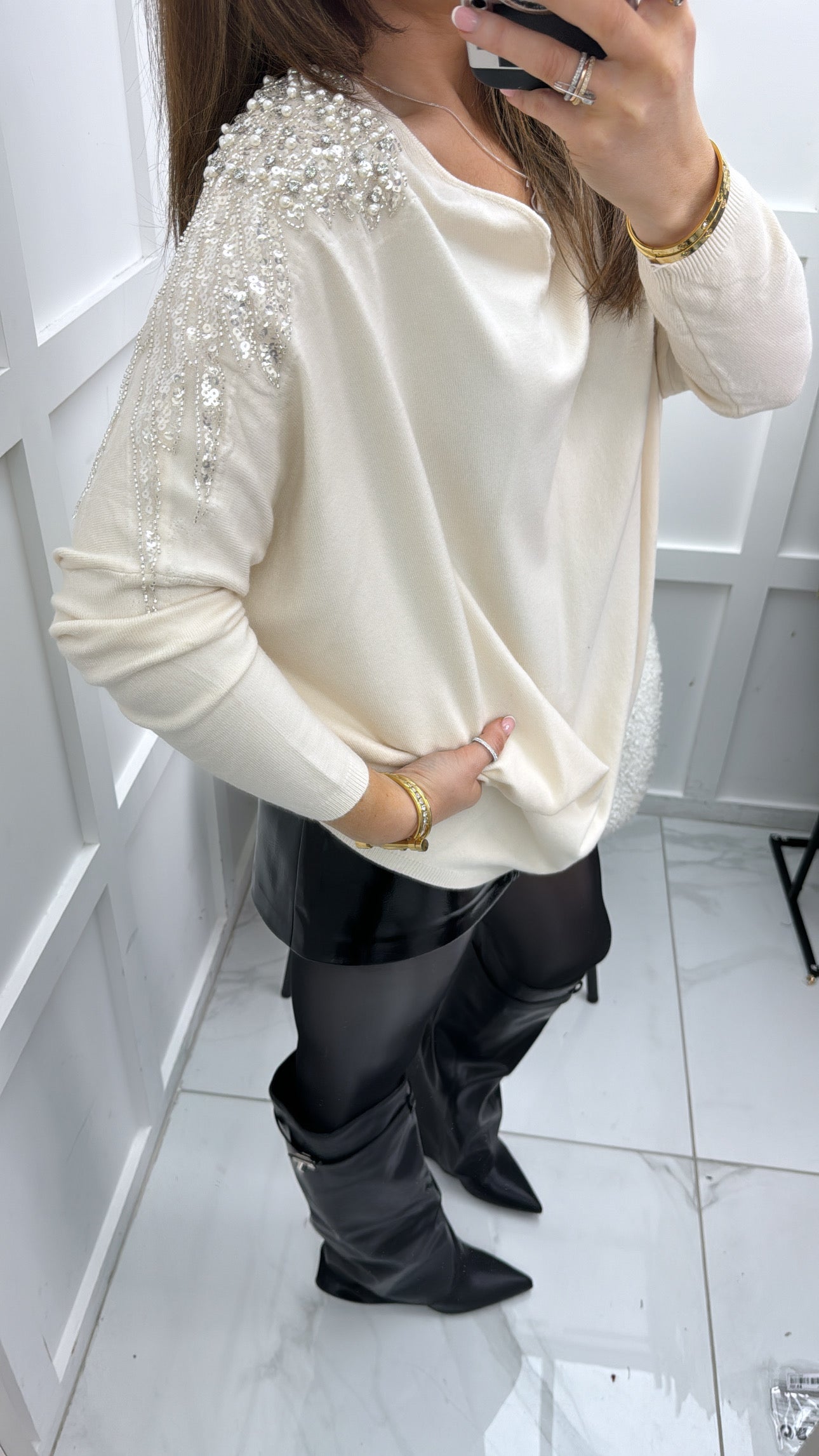 BROOKE cream fine knit embellished jumper