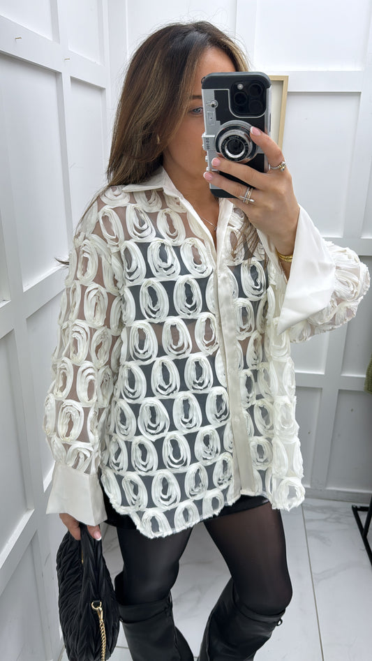 CORINA cream mesh detail blouse