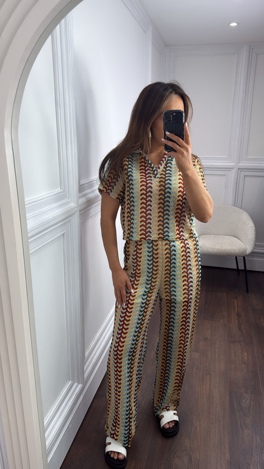 SINEAD brown wavy crochet top and trousers co-ord