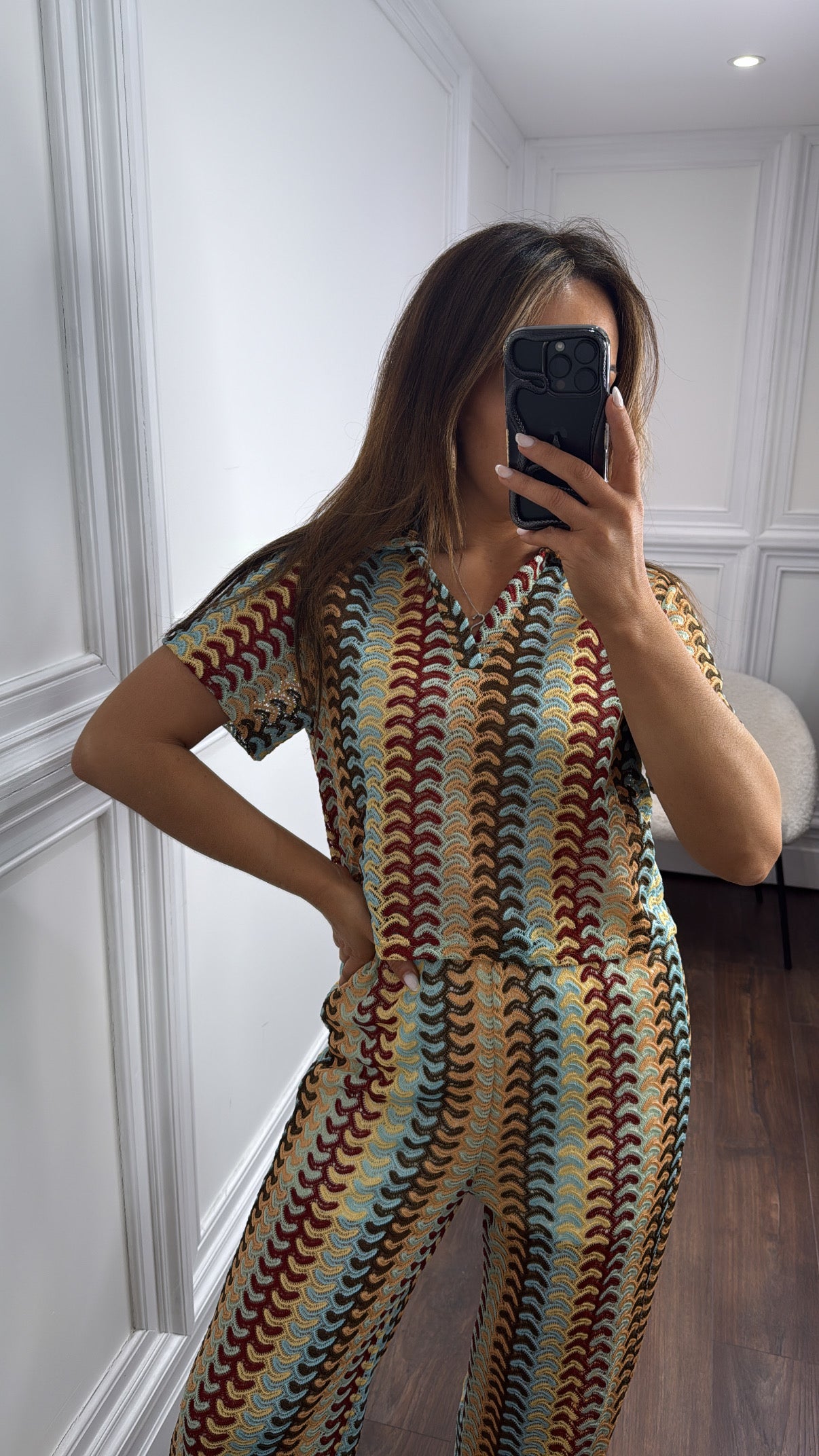 SINEAD brown wavy crochet top and trousers co-ord