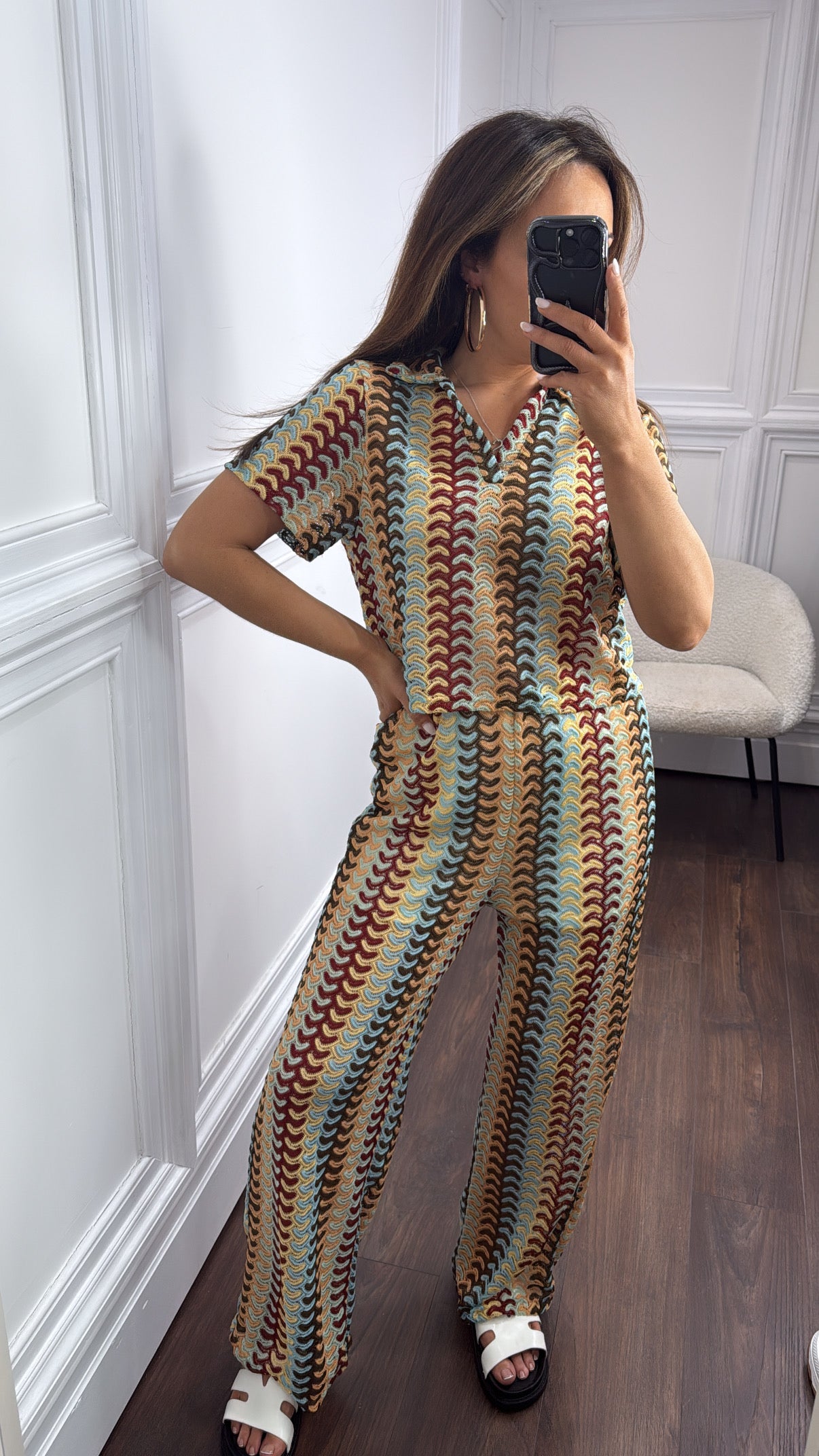 SINEAD brown wavy crochet top and trousers co-ord