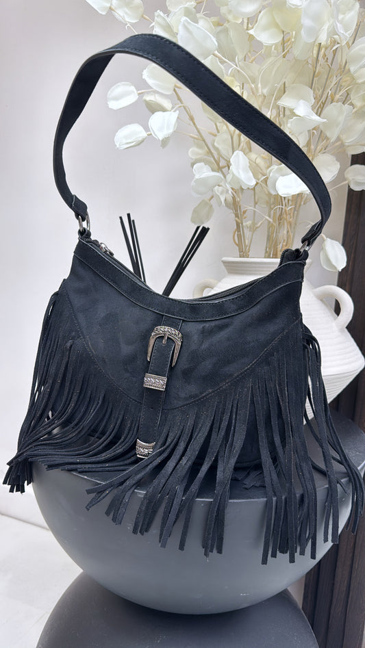 KYIA black faux suede tassel bag