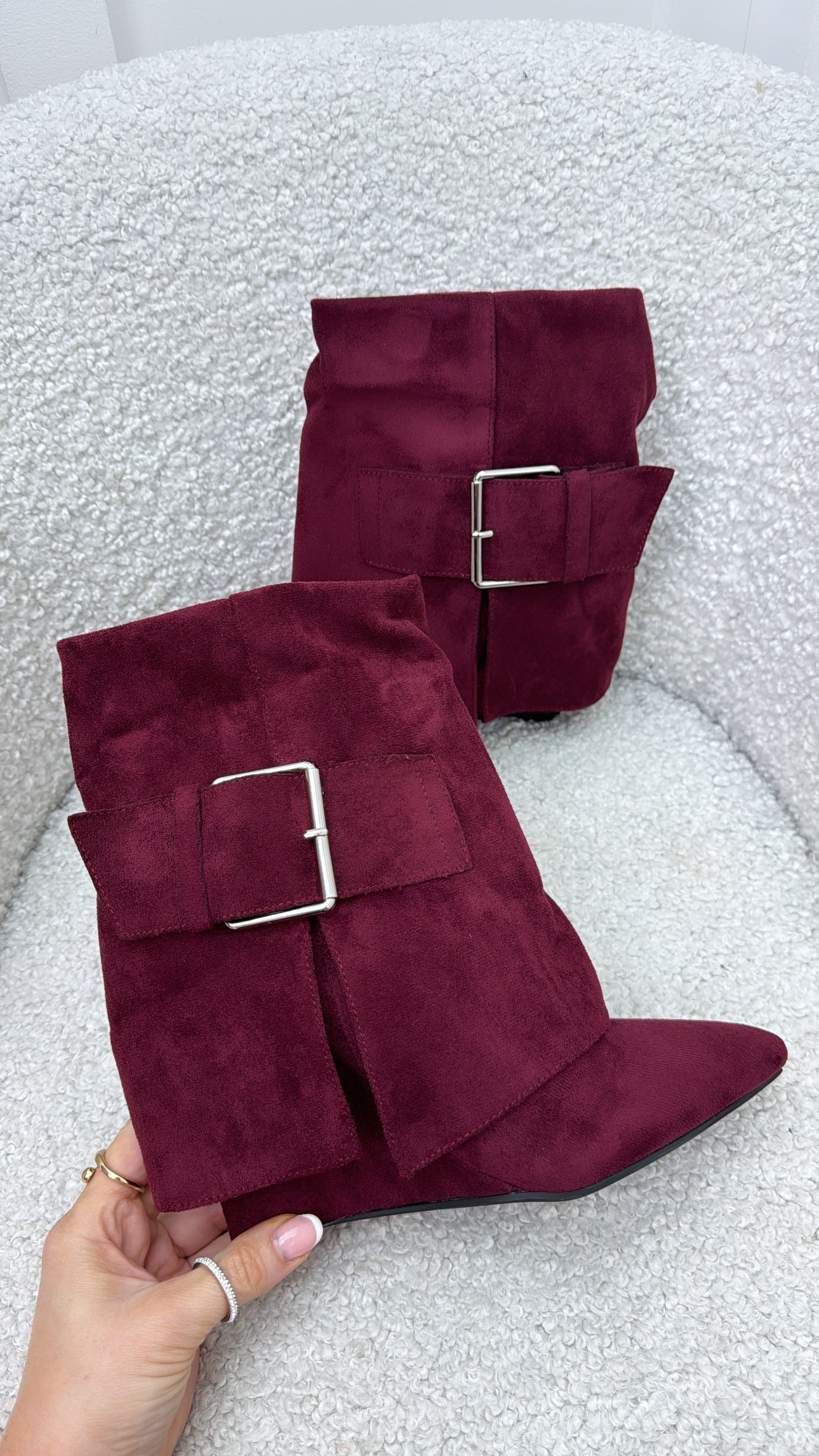 CLARA burgundy buckle detail fold over ankle boots