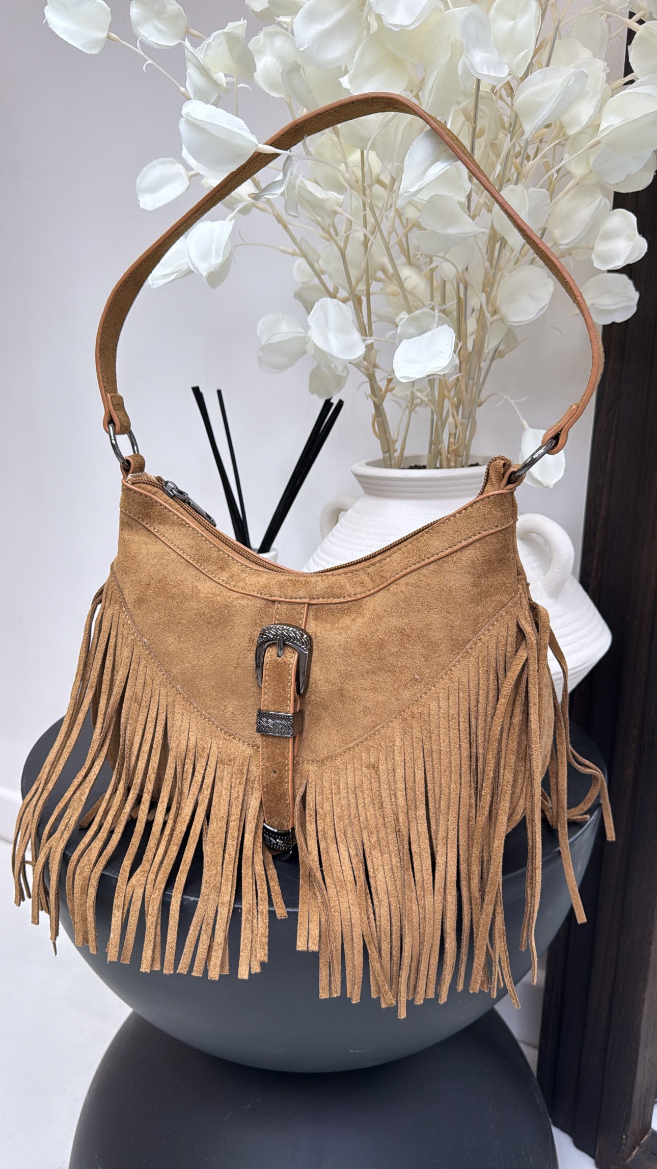KYIA camel faux suede tassel bag
