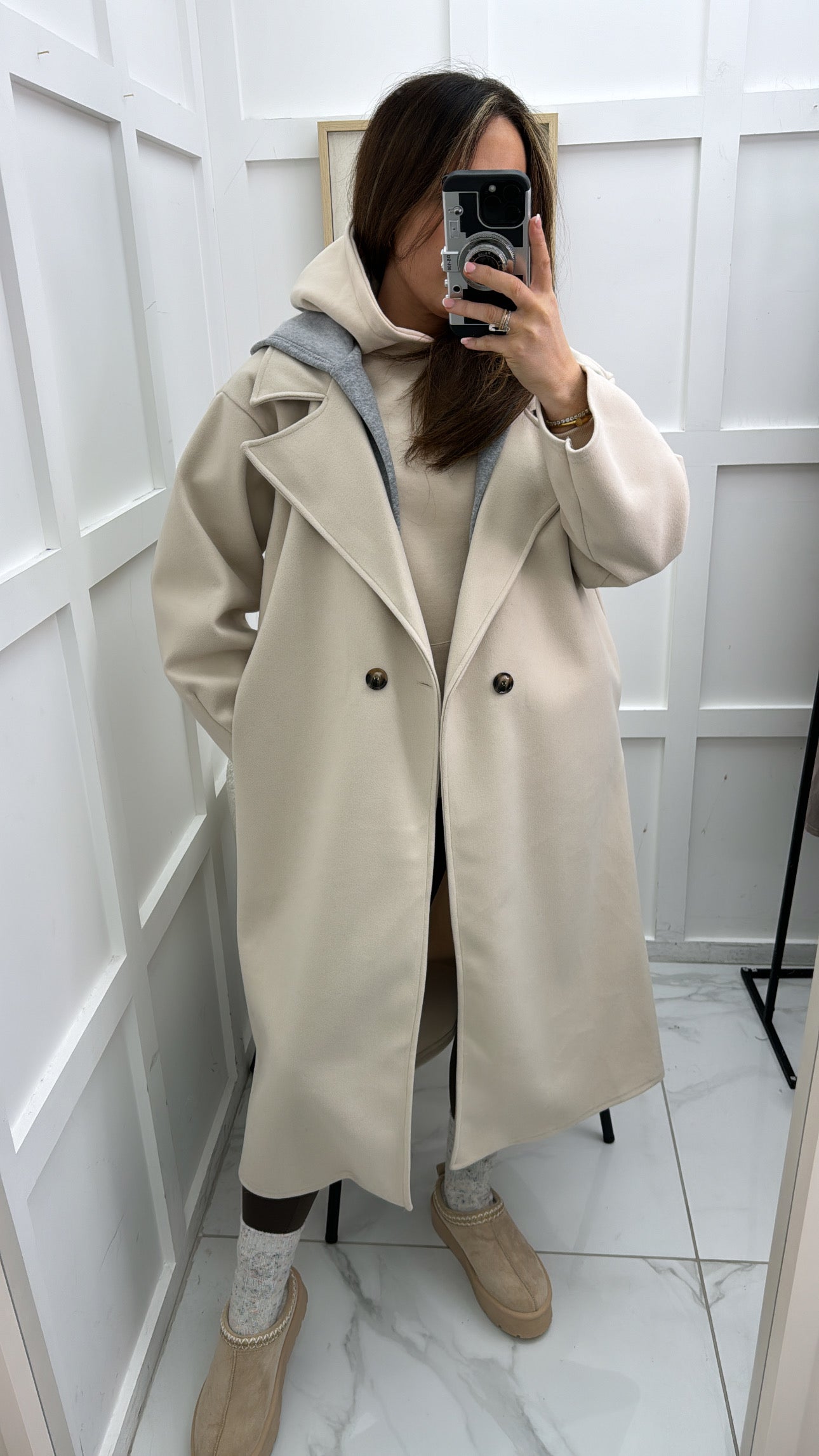 ROCHELLE beige long duster coat with hood