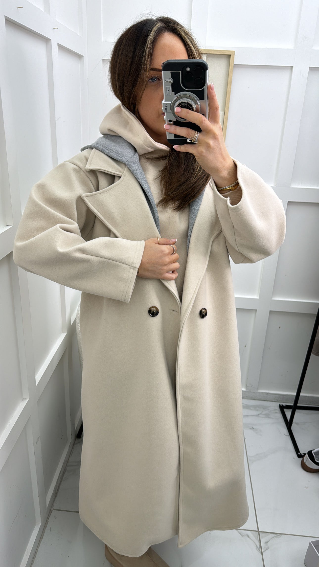 ROCHELLE beige long duster coat with hood