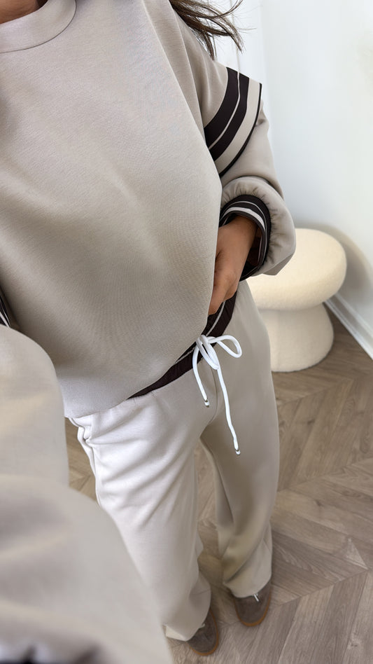 GINA beige contrast stripe top and wide leg joggers tracksuit