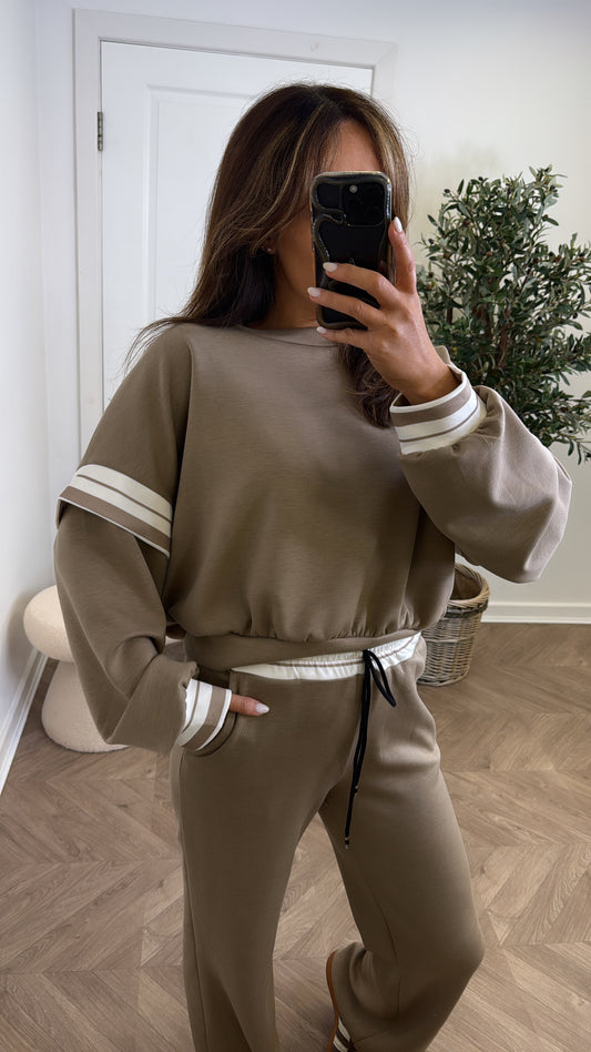 GINA mocha contrast stripe top and wide leg joggers tracksuit