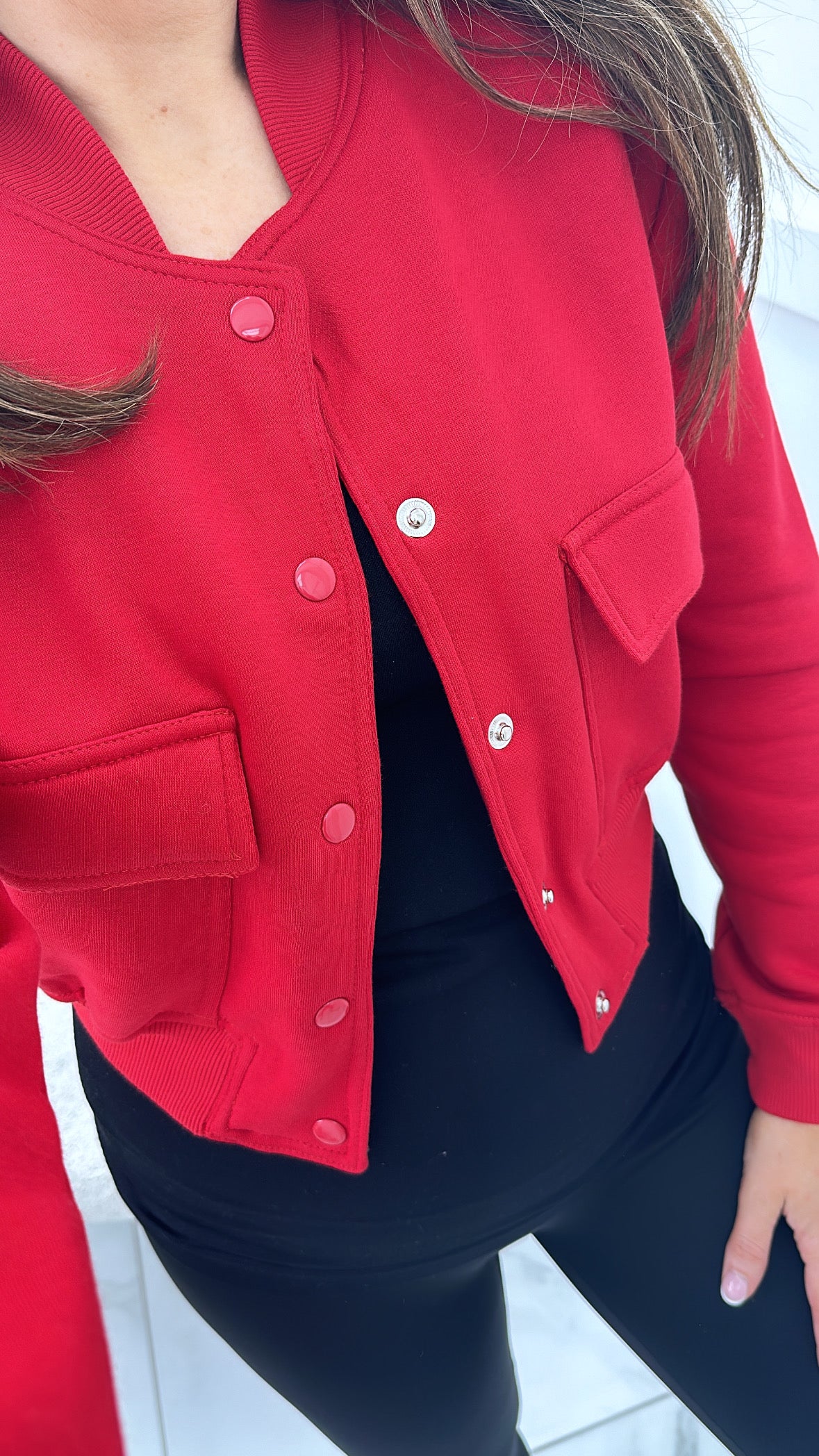 RUBY red soft pocket detail bomber jacket