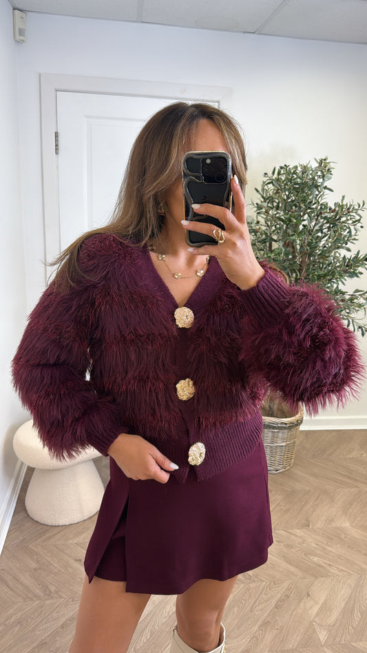 ERICA burgundy fluffy cardigan with gold buttons