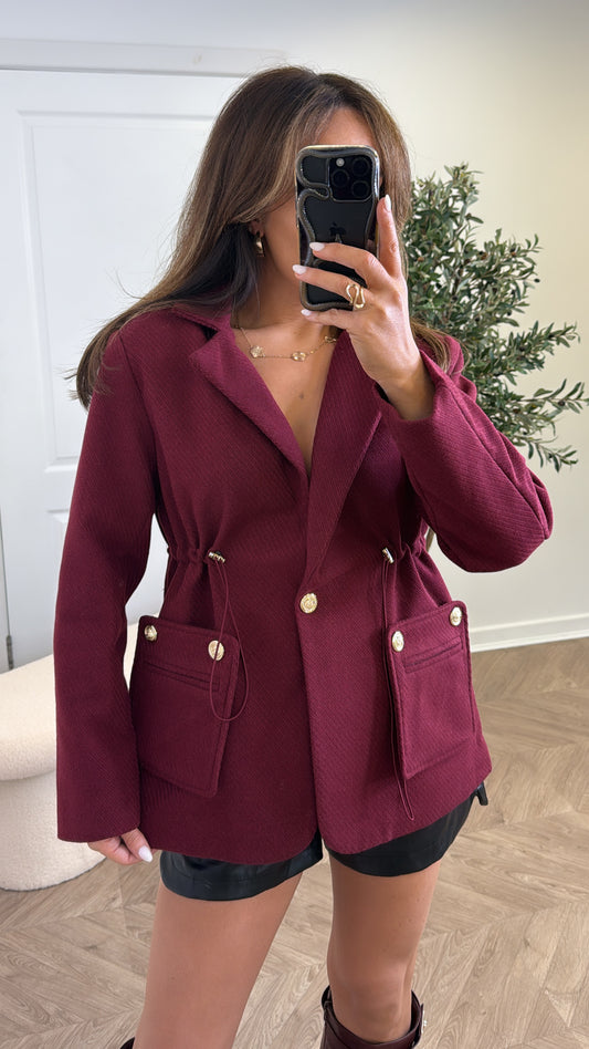 BETHANY burgundy woollen gold button blazer