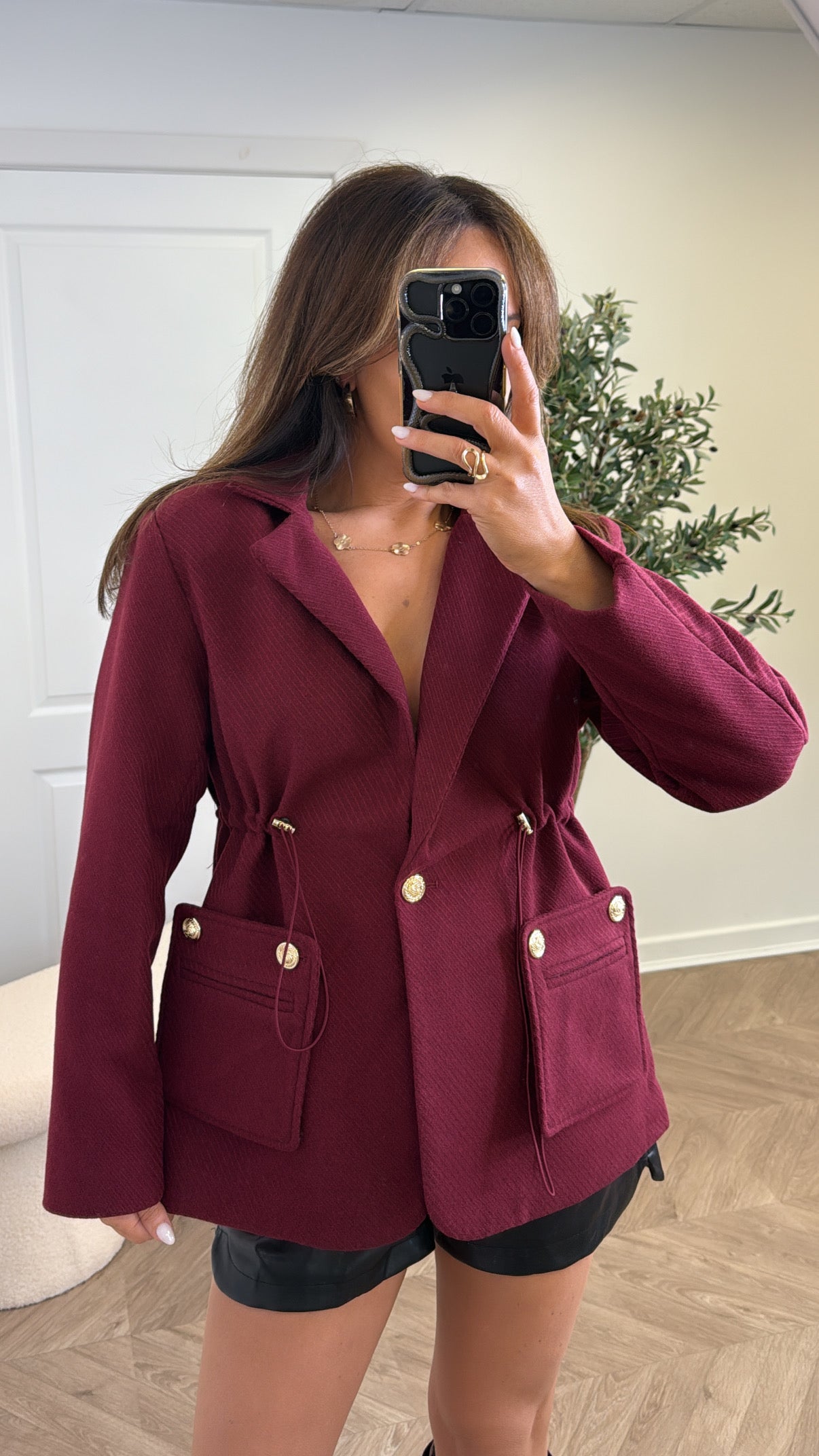 BETHANY burgundy woollen gold button blazer