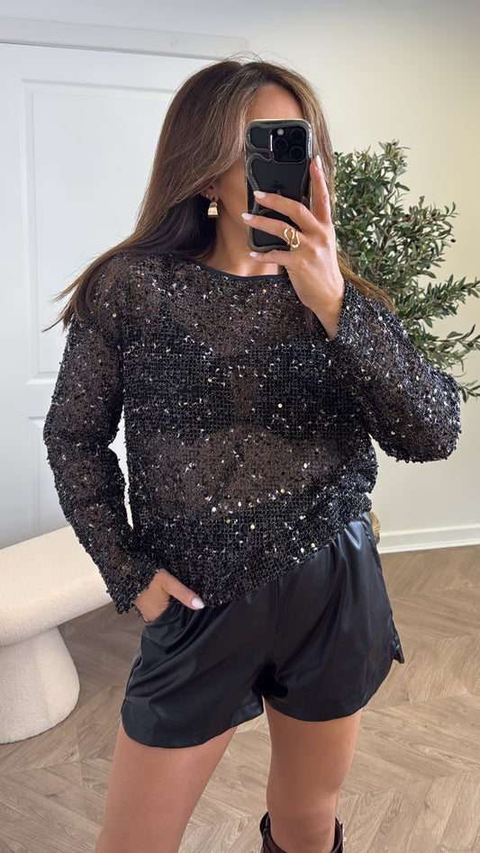 MEGHAN black sequin detail netted top
