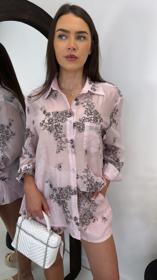 ALIYAH pink embroidered semi sheer shorts co-ord