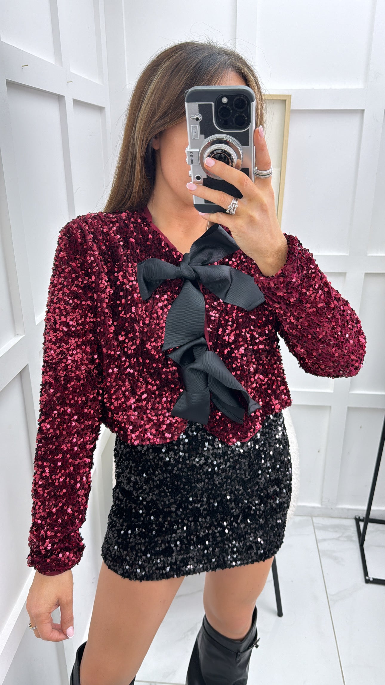 AMELIA red sequin & ribbon tie top