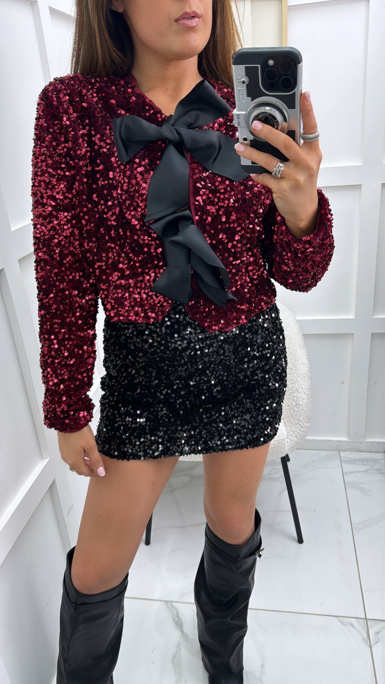 AMELIA red sequin & ribbon tie top