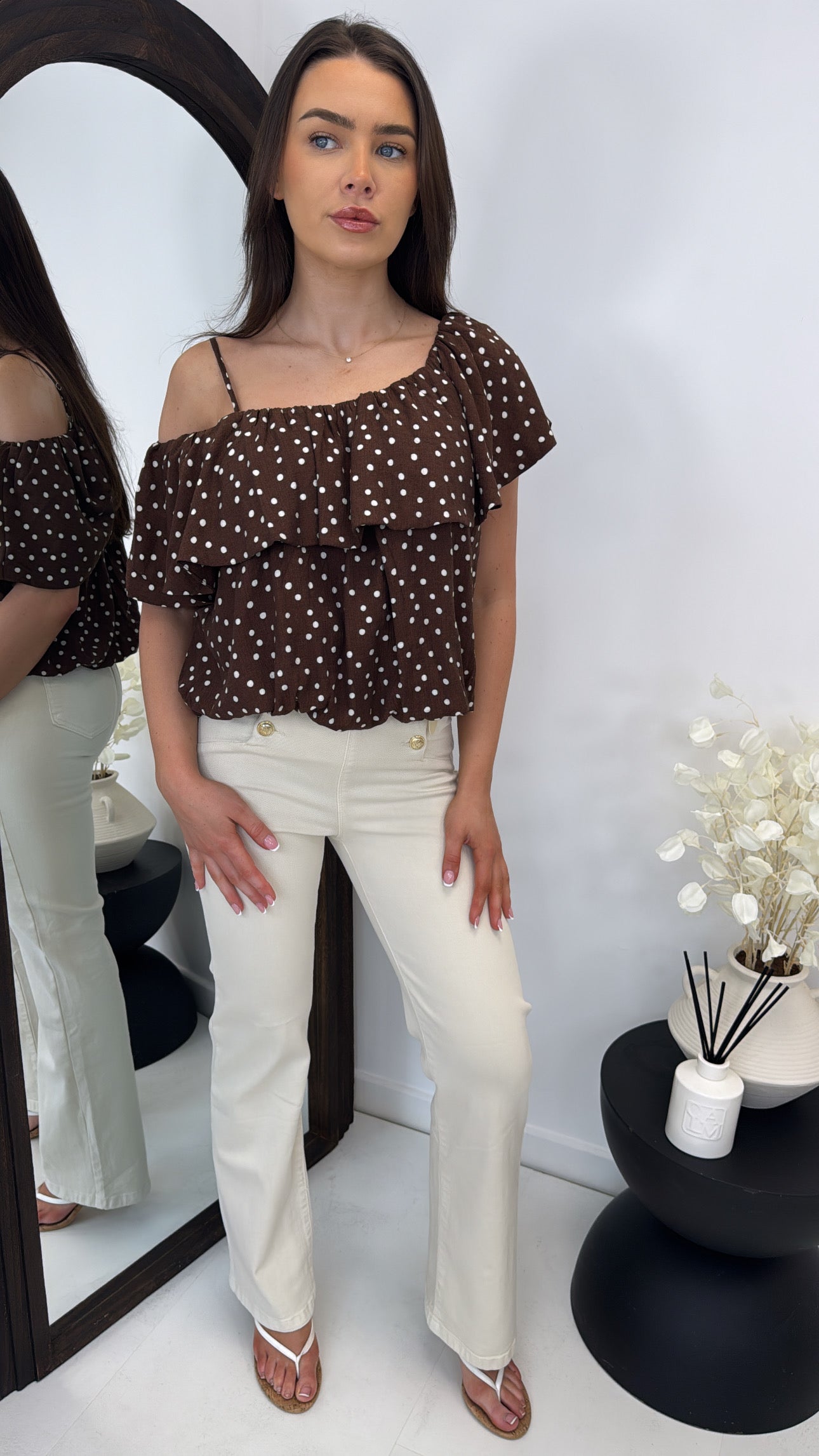 SIANA brown polka dot frill detail top