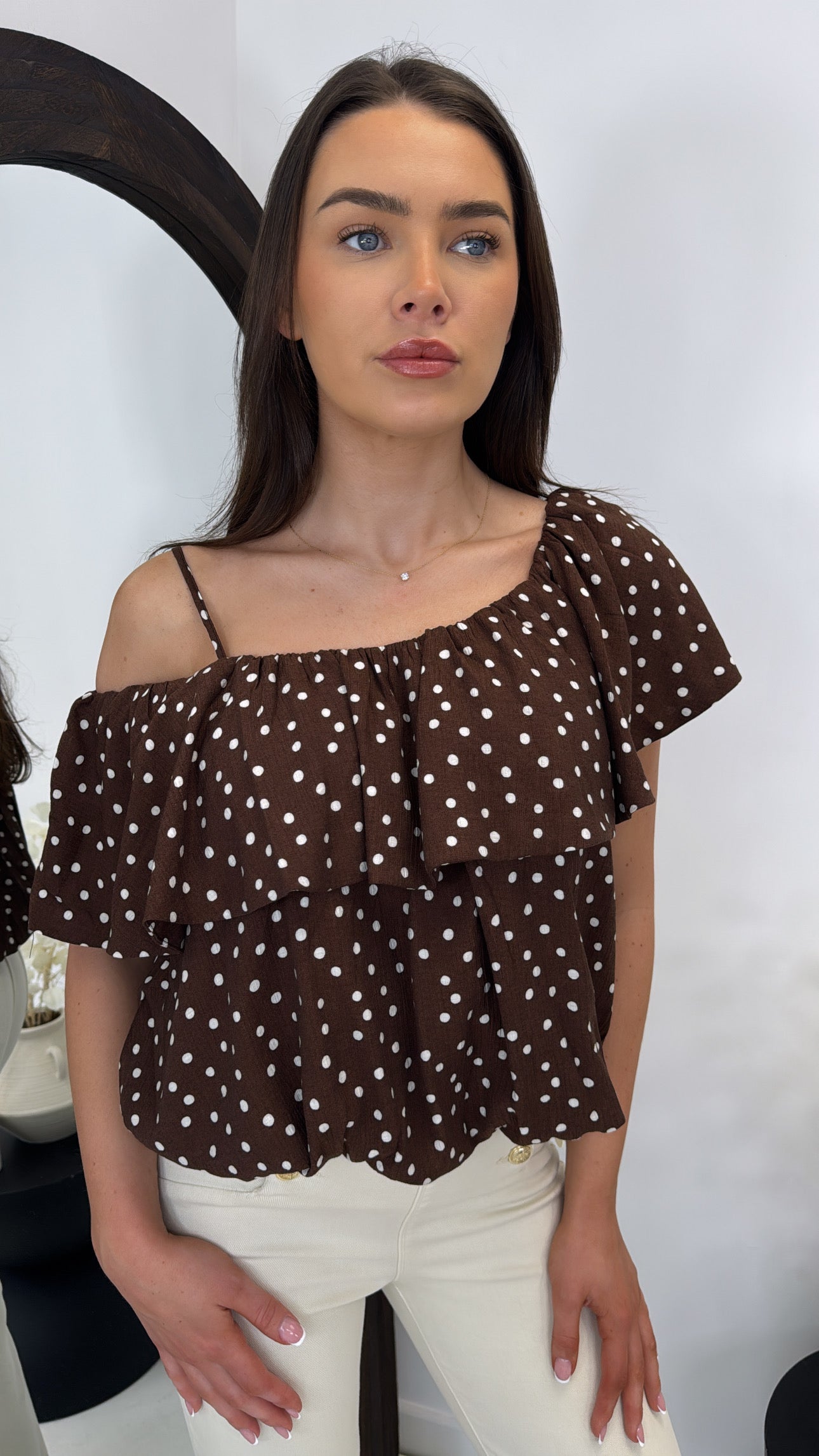 SIANA brown polka dot frill detail top