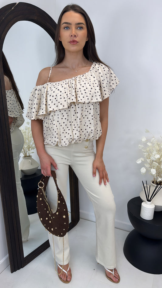 SIANA cream polka dot frill detail top
