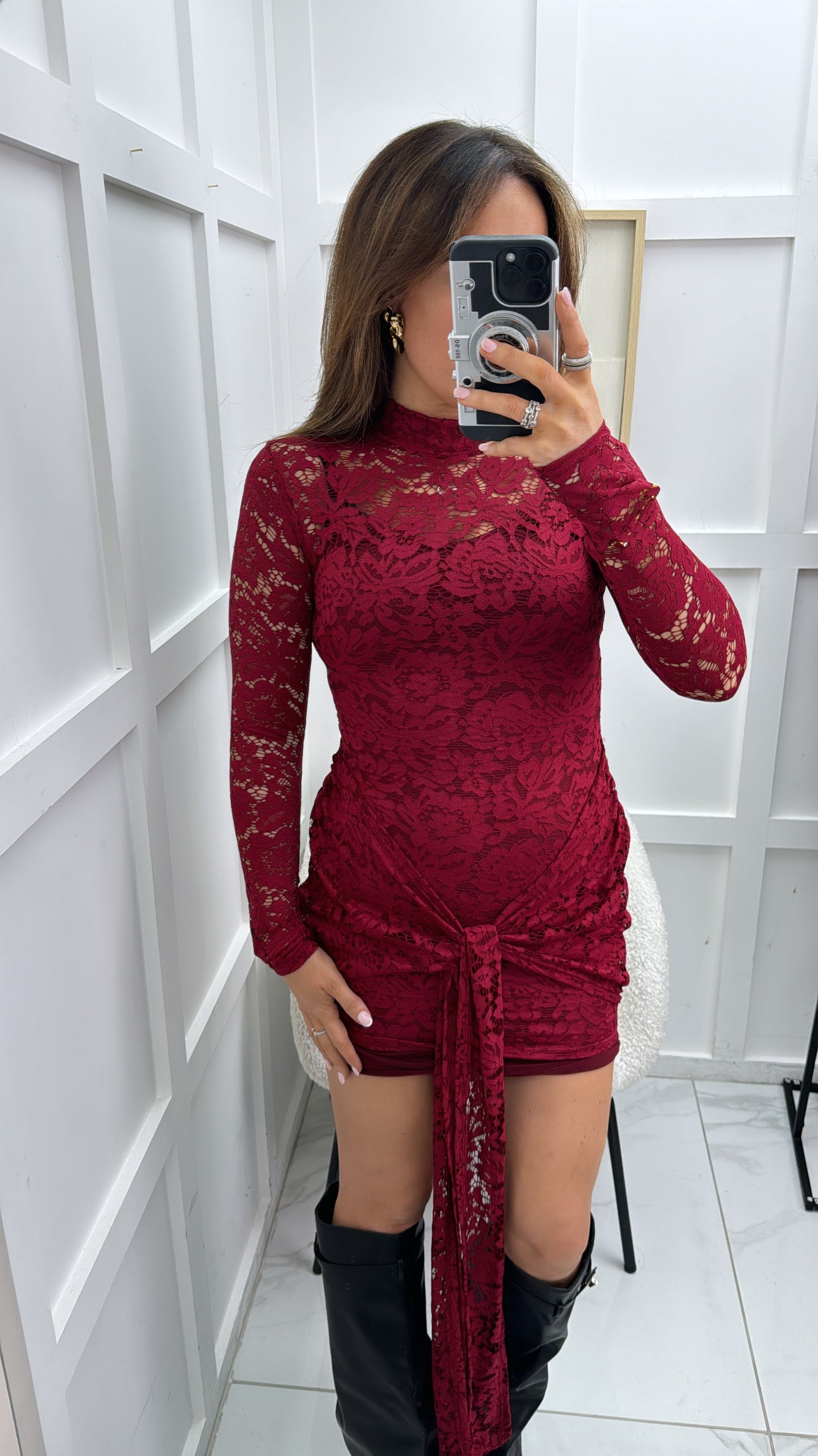 LACEY burgundy long sleeve lace dress with tie detail