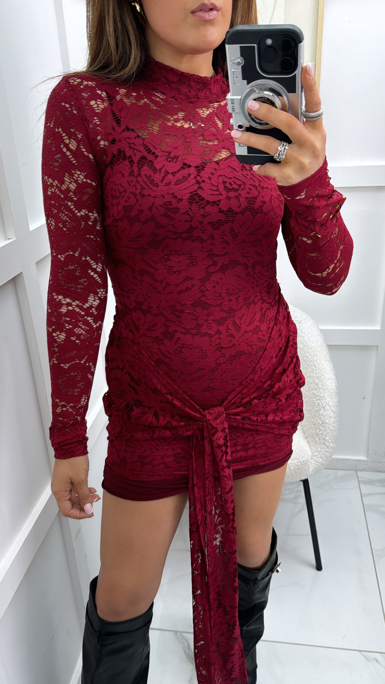 LACEY burgundy long sleeve lace dress with tie detail