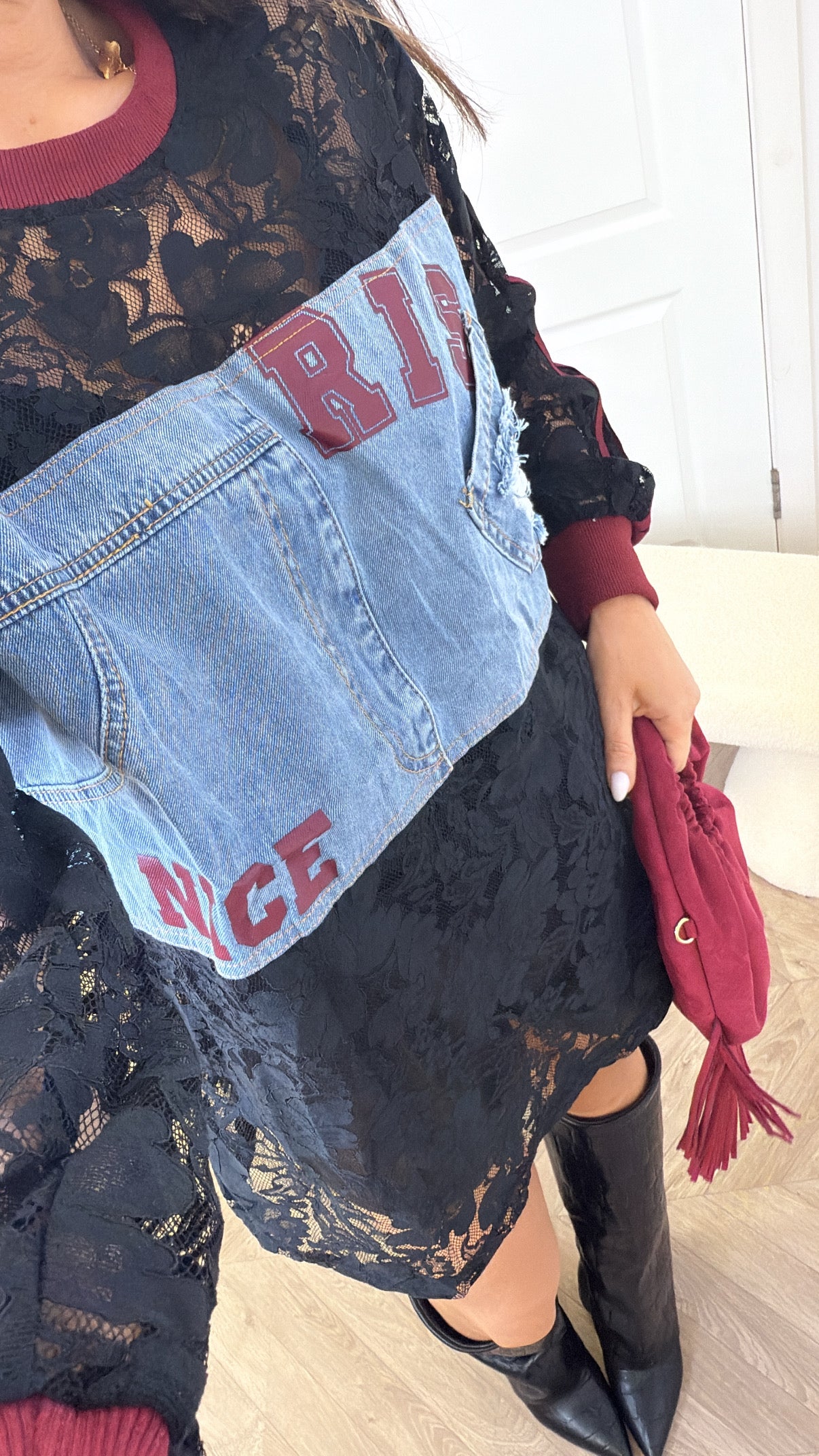 BRIONY burgundy with black lace denim contrast top