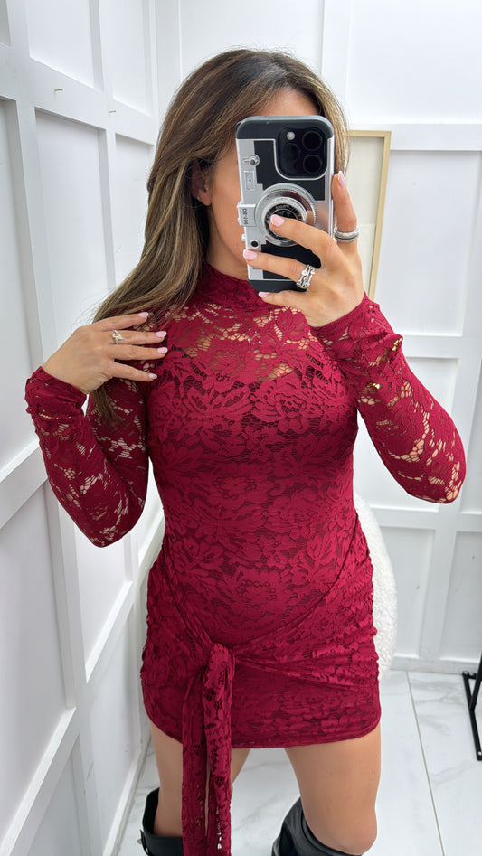 LACEY burgundy long sleeve lace dress with tie detail