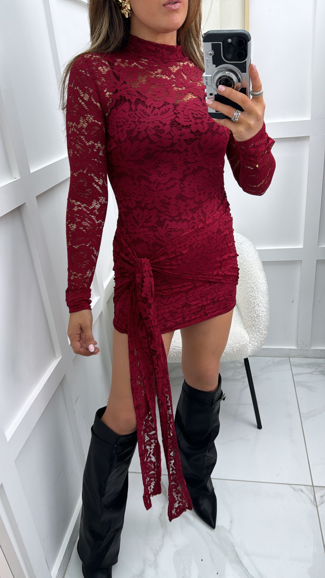 LACEY burgundy long sleeve lace dress with tie detail