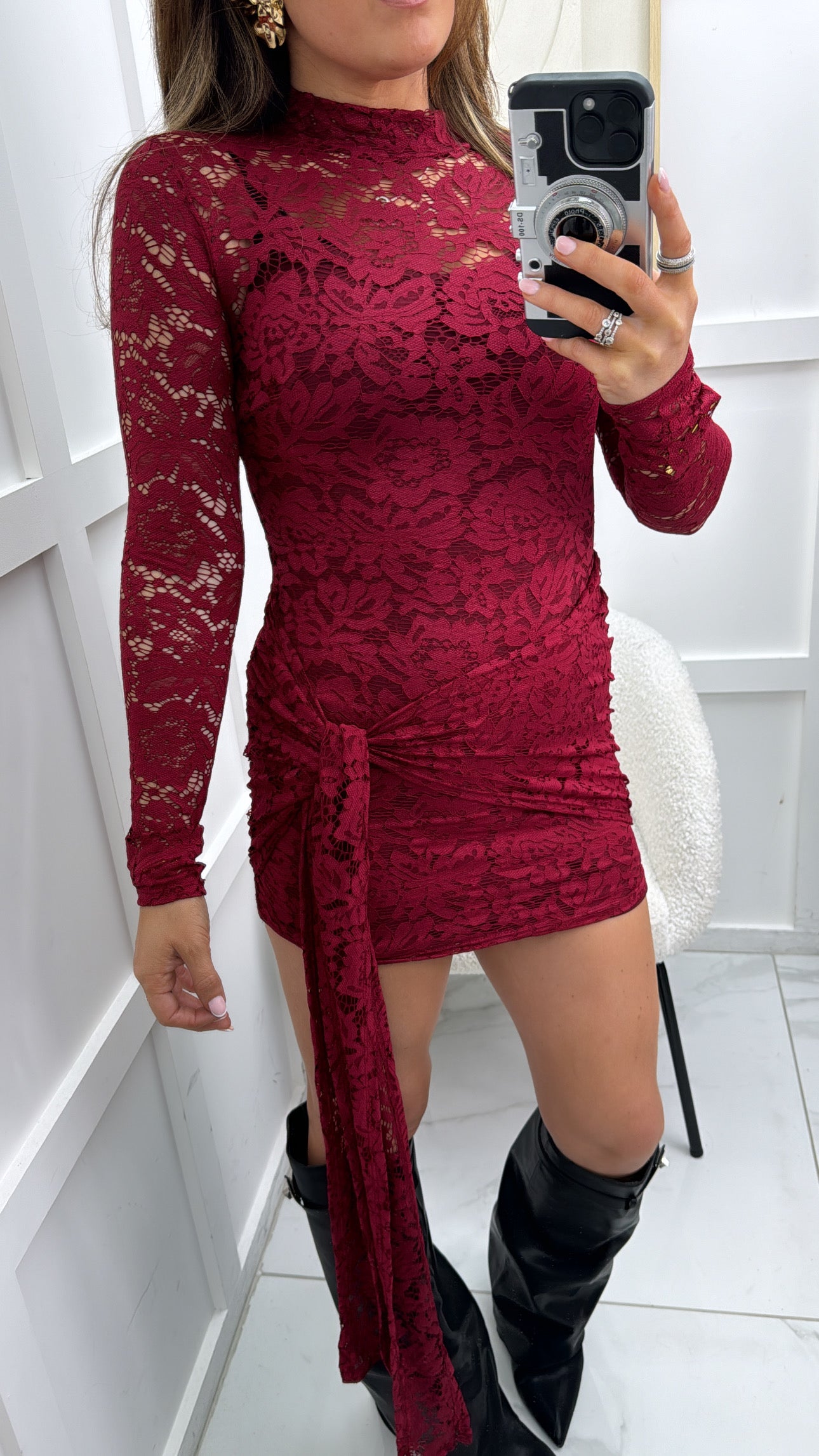 LACEY burgundy long sleeve lace dress with tie detail