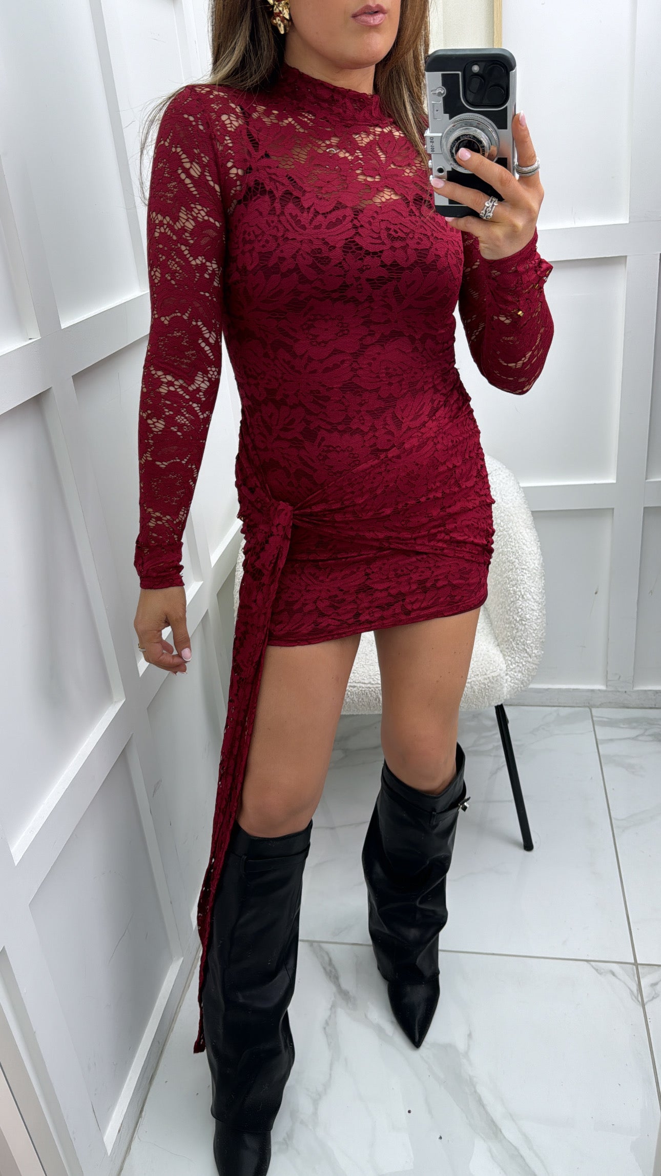 LACEY burgundy long sleeve lace dress with tie detail