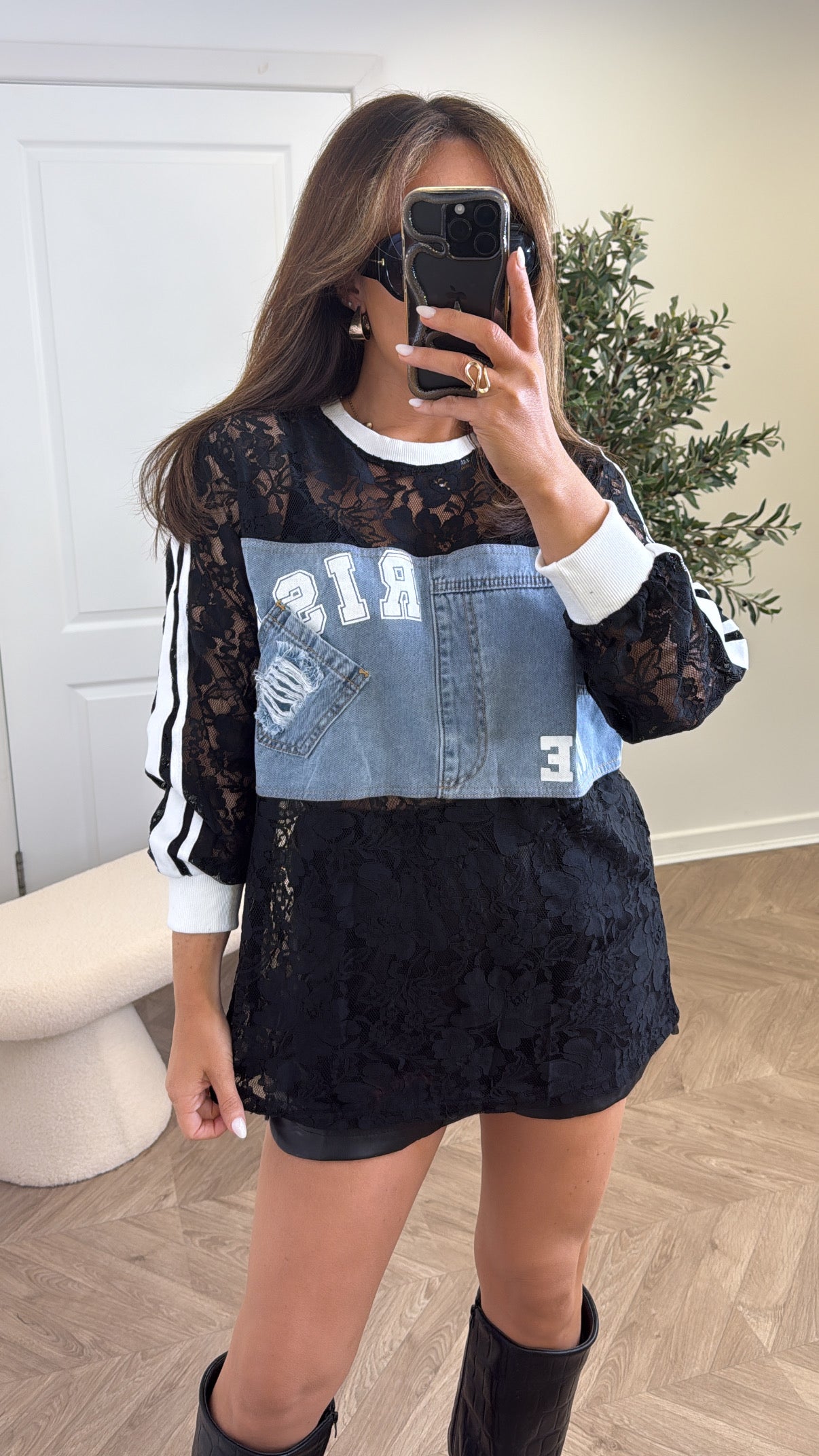 BRIONY white with black lace denim contrast top