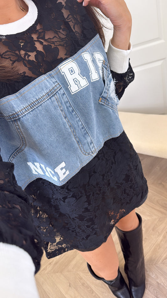 BRIONY white with black lace denim contrast top