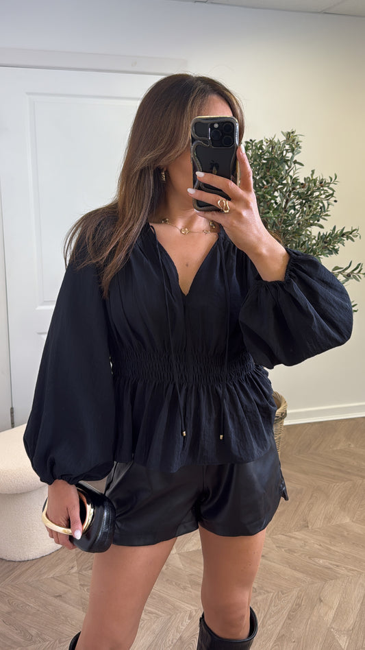 INDIA black shirred waist top