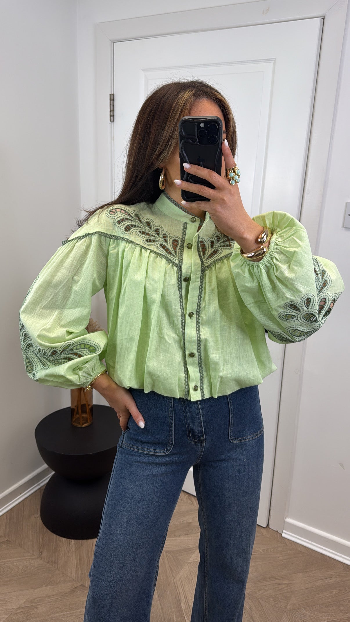 KELLY green embroidered cropped blouse